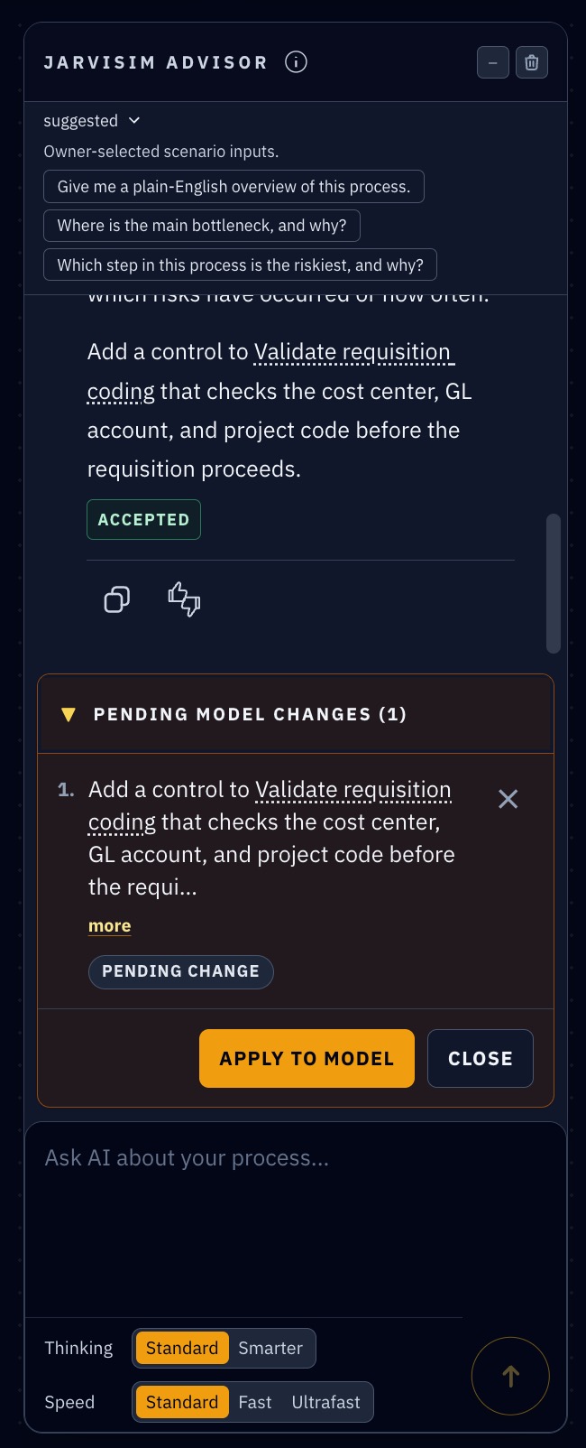 Selected recommendation in Pending Model Changes with the separate Apply to Model action.