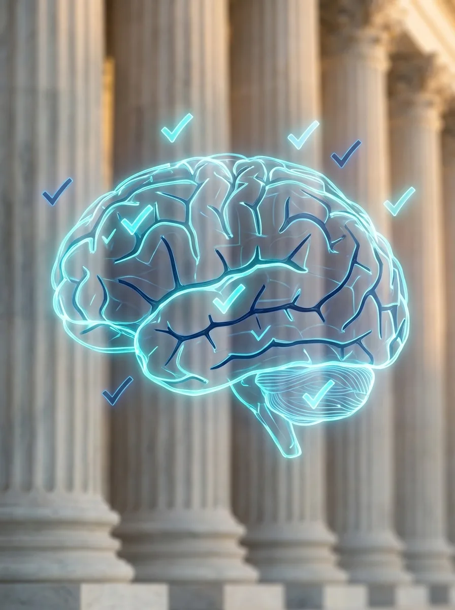 Holographic AI neural network with policy checkmarks in front of marble government columns