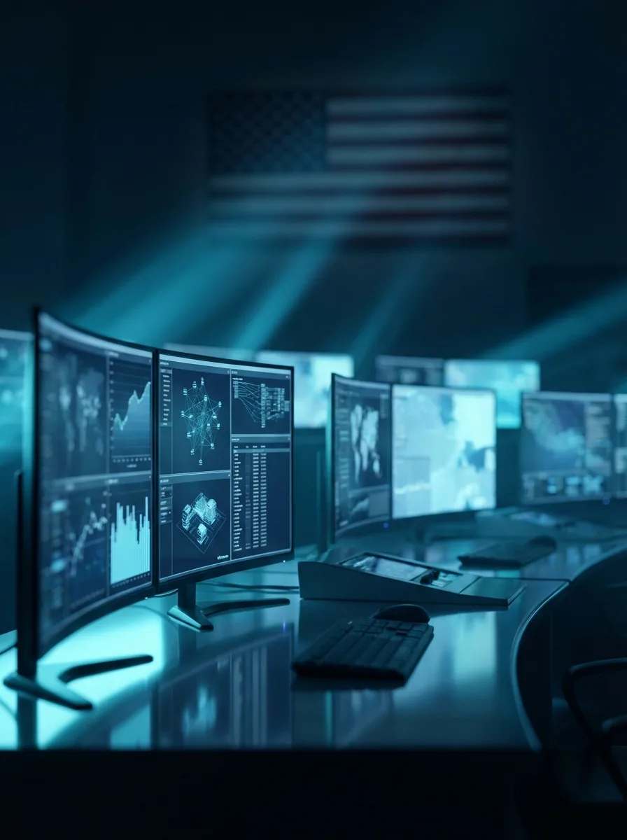 Federal operations center at night with monitors showing data dashboards