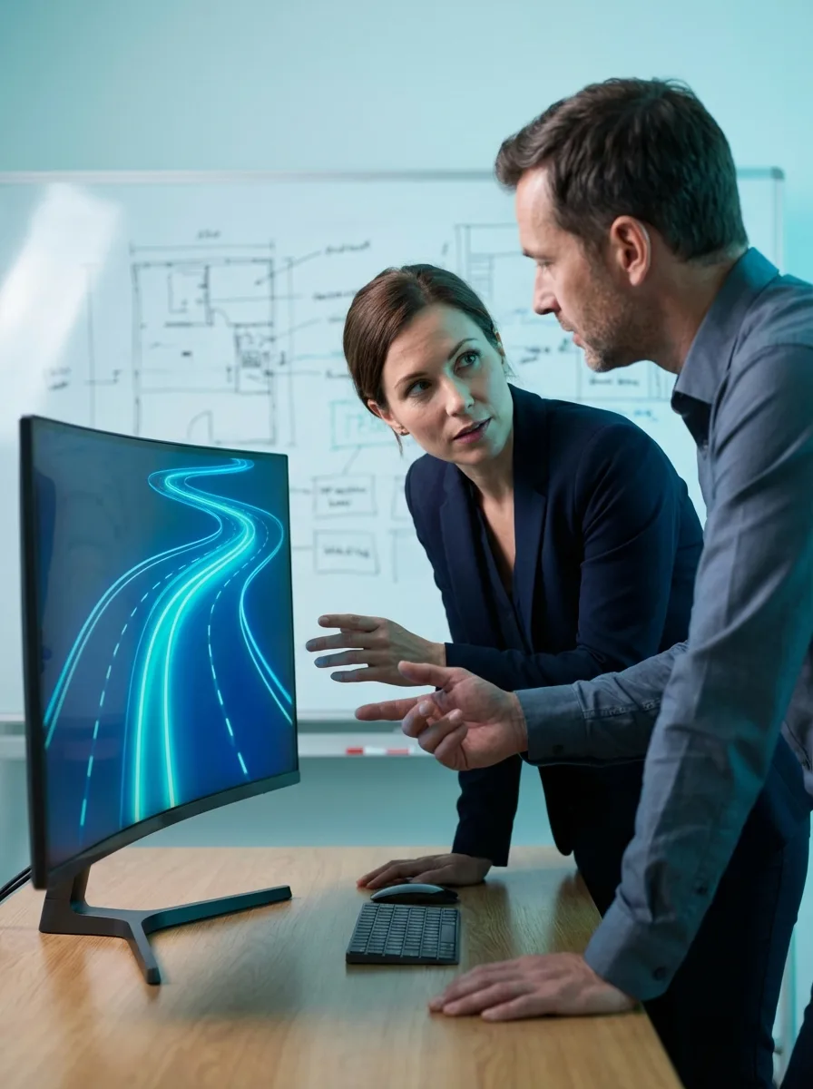 Founder and senior technical advisor reviewing a roadmap on a large monitor