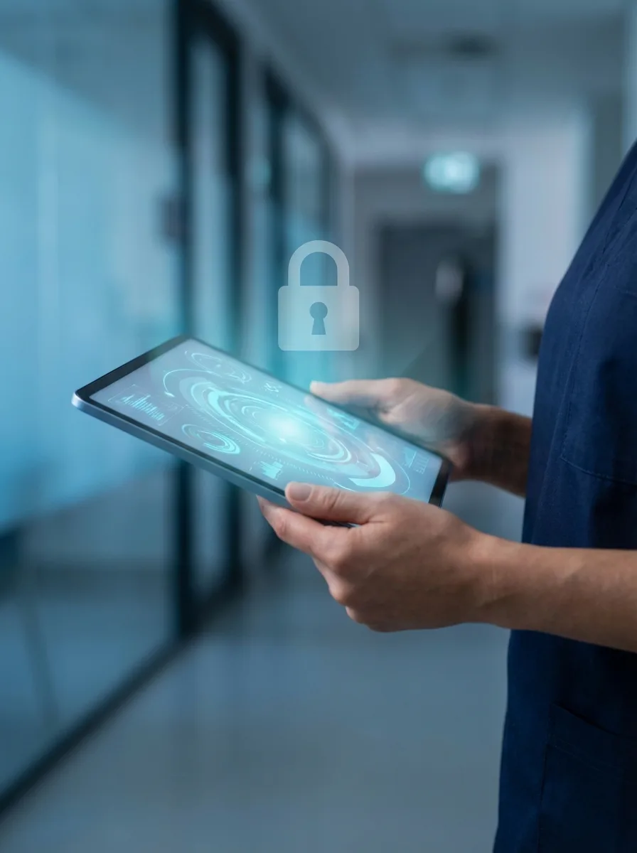 Clinician's hands holding a tablet with anonymized health data and a translucent privacy lock