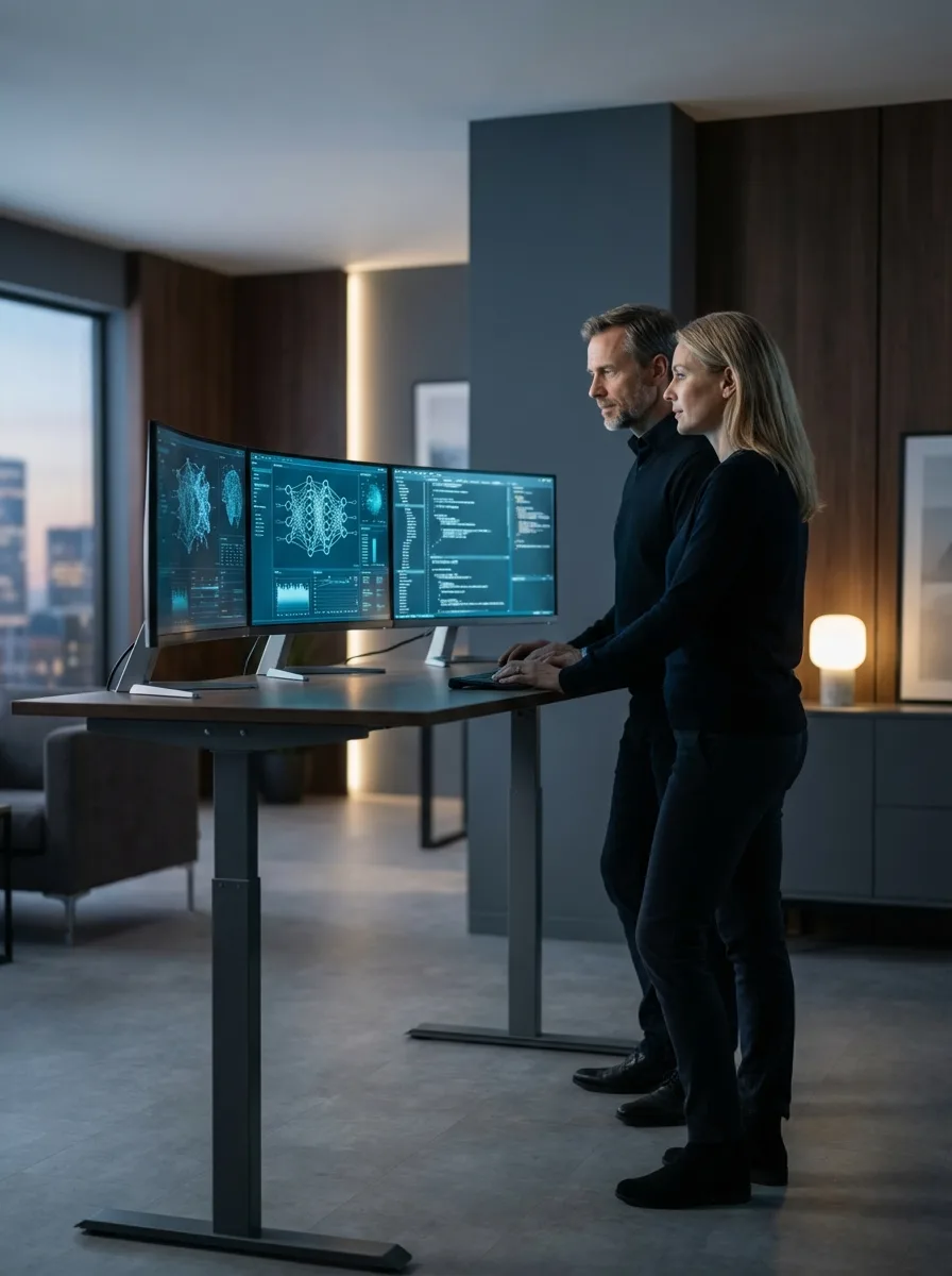 Two strategists at a standing desk with monitors showing neural network diagrams