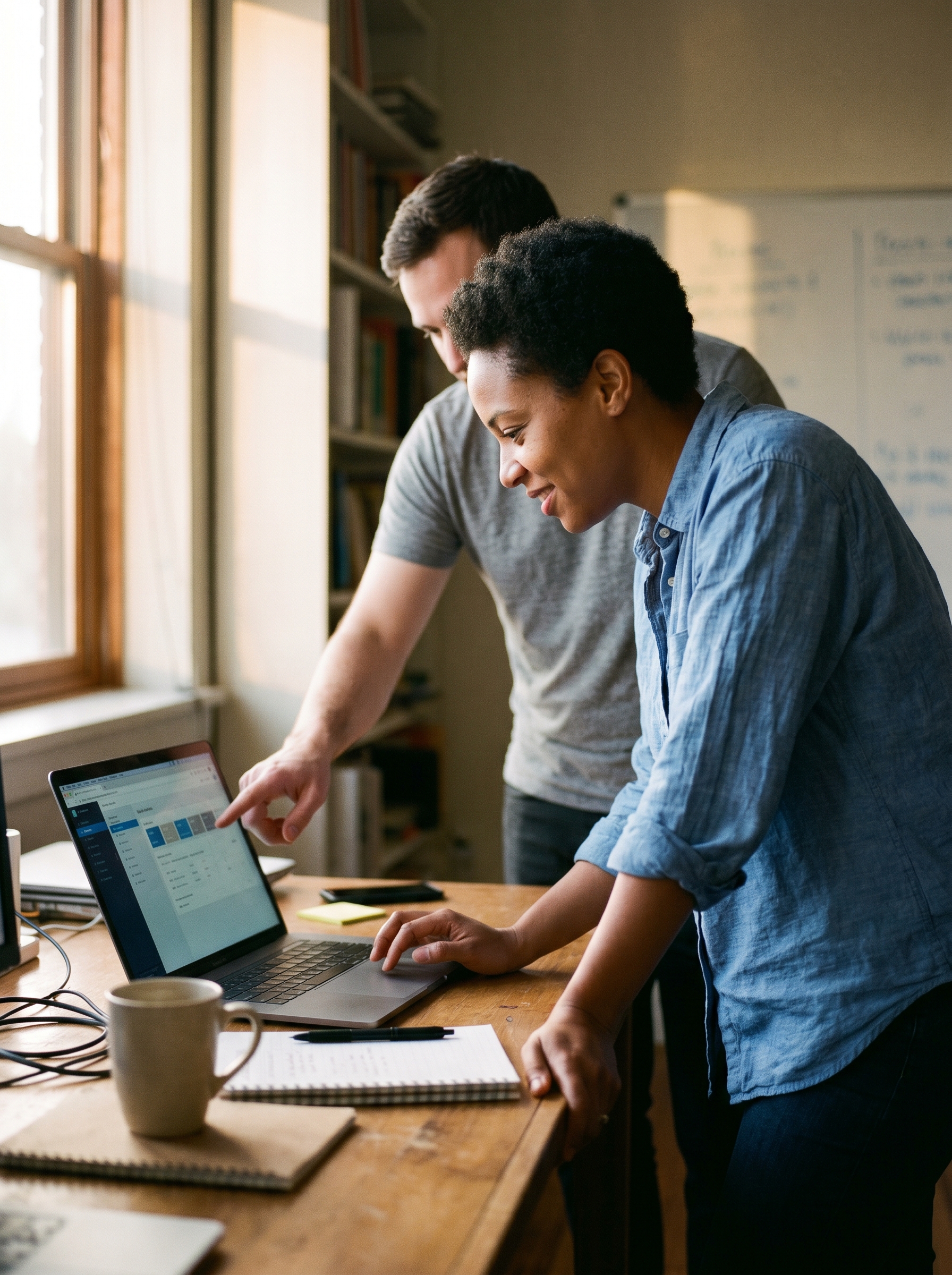 Real-archetype person (mid-30s ops manager, accountant, or small-business owner) at their desk, smiling, looking at a working tool on their screen with their teammate over their shoulder. Editorial, natural light, candid. Not stock-AI.