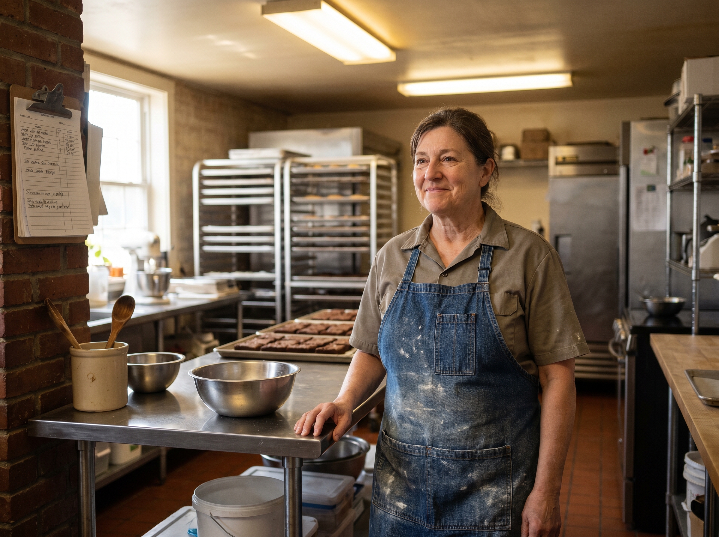 Small business owner, late-50s, in a small commercial kitchen / shop floor with product around. Apron, warm. Editorial.