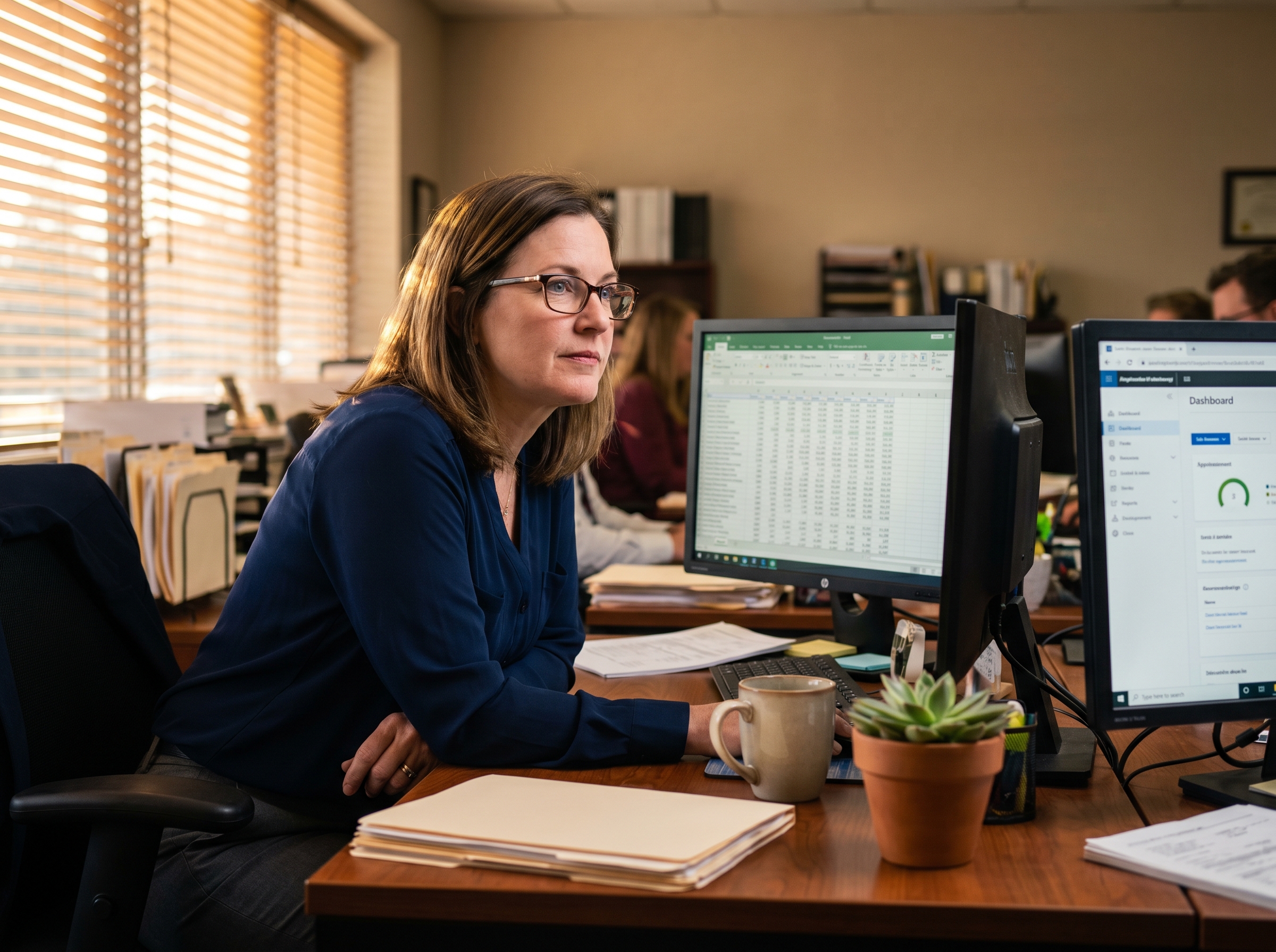 Mid-40s woman accountant at her desk, two monitors, glasses on, quietly determined. Spreadsheet visible on one screen. Editorial.