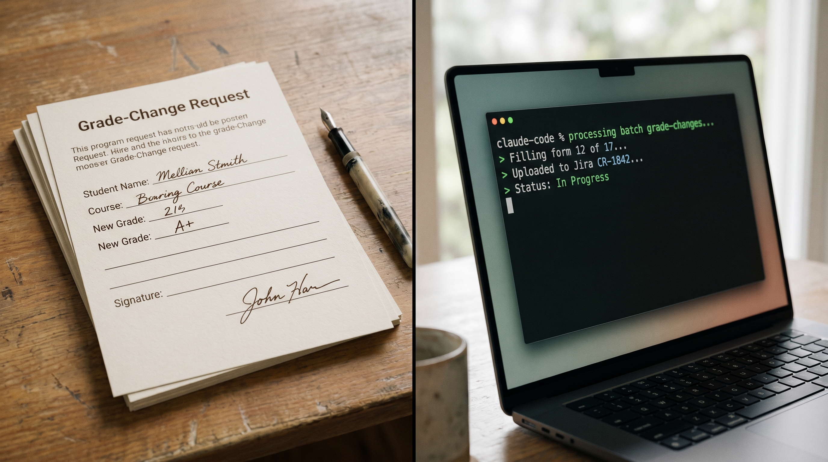 Stack of completed PDF forms next to a terminal with Claude Code output, screen split. Document workflow visual.