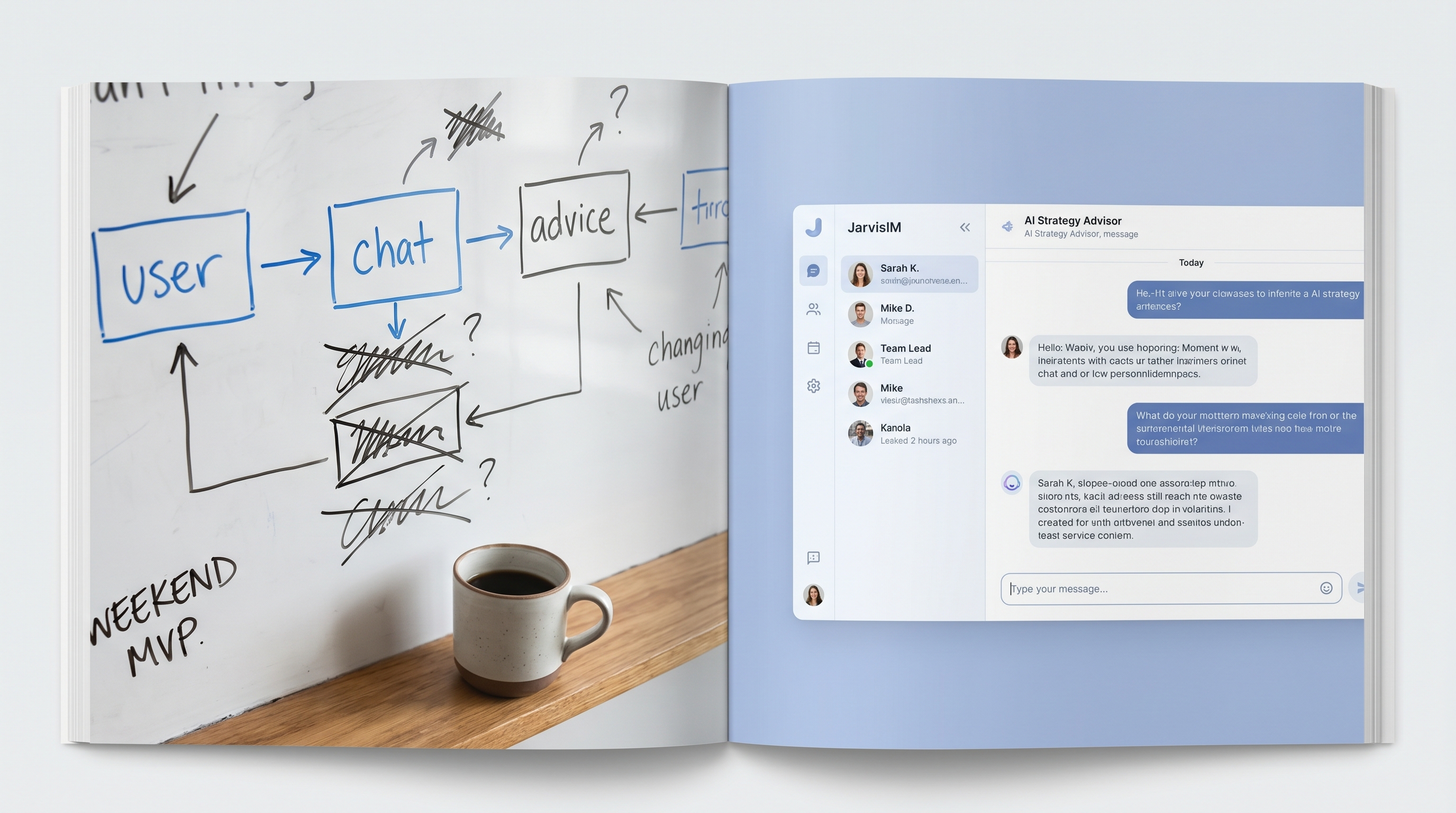 Before/after split. Left: weekend MVP whiteboard sketch. Right: clean multi-user JarvisIM app screenshot.