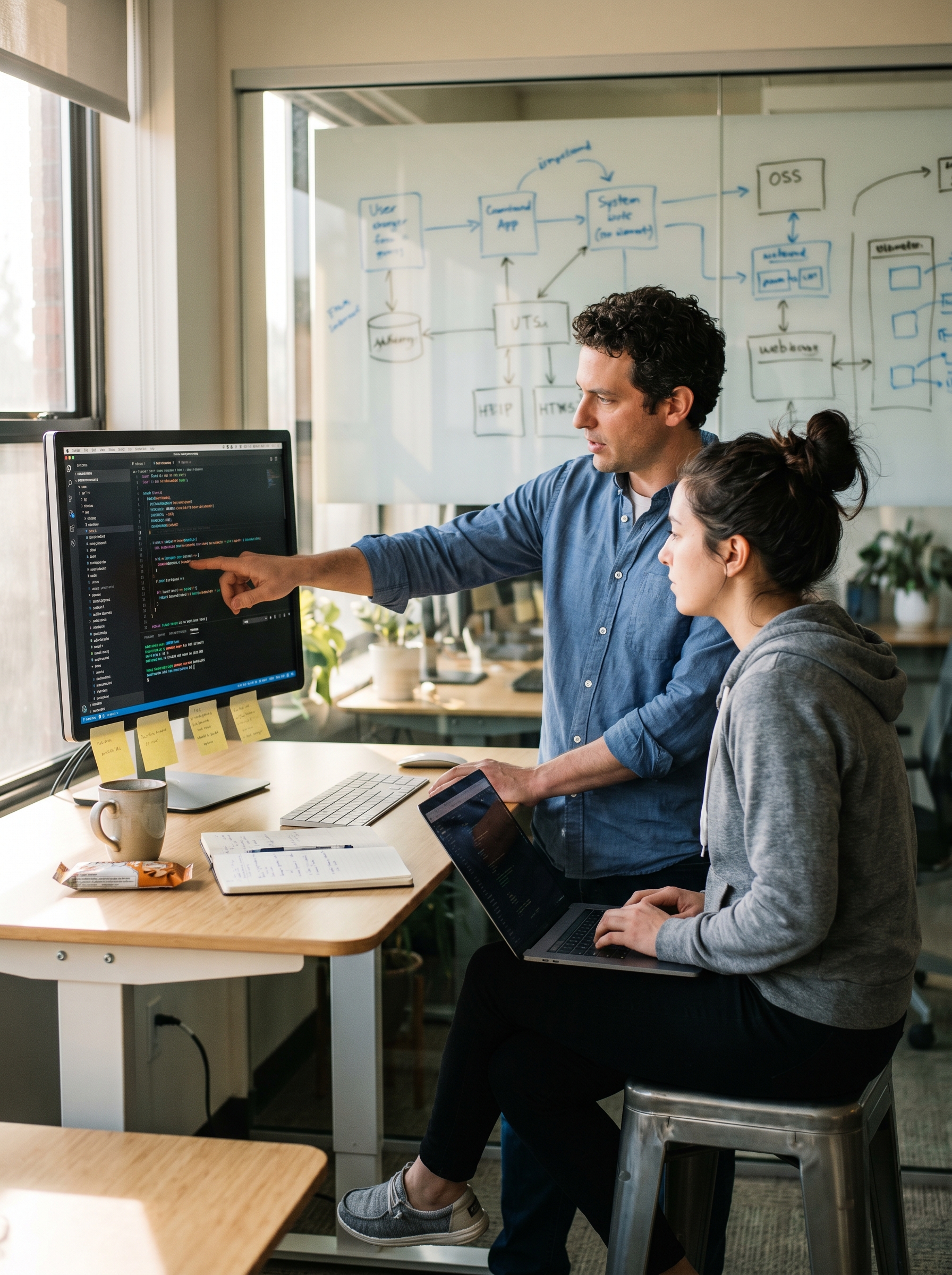 Two engineers reviewing code on a large monitor with a whiteboard of system architecture diagrams behind them